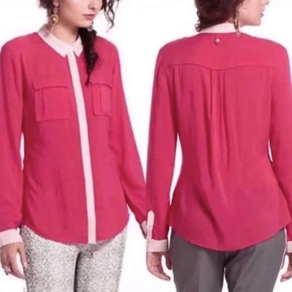 Anthropologie Maeve Hot Pink Bagatelle Button Down Long Sleeve Blouse Size 4 - Picture 1 of 13
